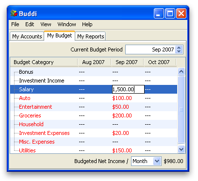 Default budget categories, with some amounts assigned